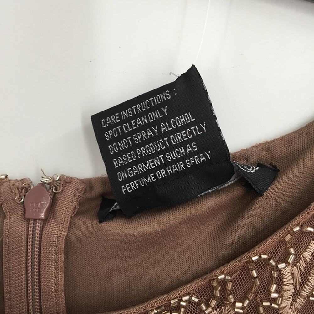 Pisarro Nights Beaded Sequin Embroidered Cocktail Dress Long Sleeve Tan Size 8 - Picture 8 of 12